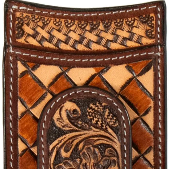 3D Men'S Tan Checkered Basketweave & Floral Tooled Money Clip Card Case Big Clearance Event Save More Now