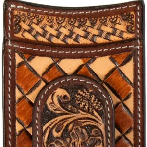 3D Men'S Tan Checkered Basketweave & Floral Tooled Money Clip Card Case Big Clearance Event Save More Now