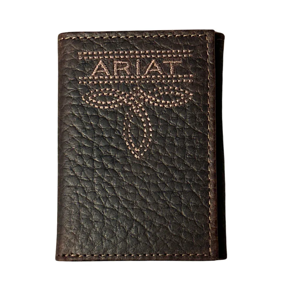 Ariat Men'S Bug Stitch Brown Trifold Leather Wallet Big Hot Sale Dont Miss Out