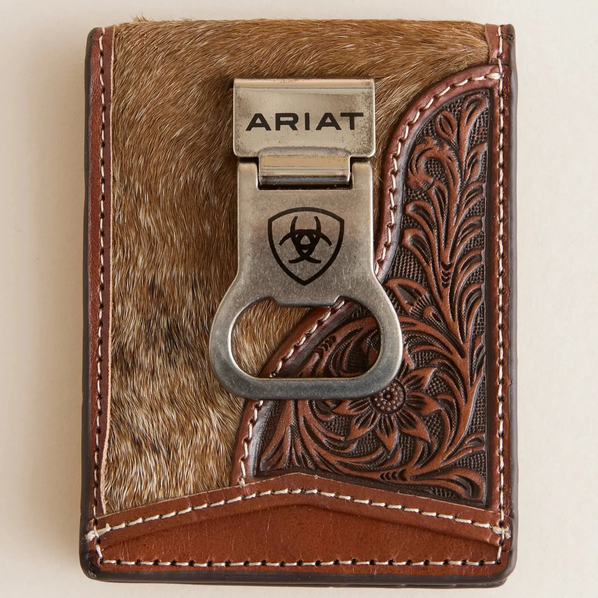 Ariat Men'S Calf Hair & Floral Embossed Leather Money Clip Wallet Sweet Deal Today MustShop Sale
