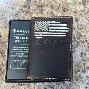 Hot Pick Deal Ariat Men'S Dark Brown Leather Distressed Flag Patch Tri Fold Wallet