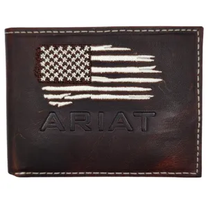Clearance Event Today Hot Deal Alert Ariat Men'S Distressed Flag Embroidered Dark Brown Leather Bifold Passcase Wallet