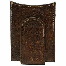 Ariat Men'S Floral Embossed Dark Brown Leather Money Clip Card Case Instant Hot Deal
