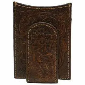 Ariat Men'S Floral Embossed Dark Brown Leather Money Clip Card Case Instant Hot Deal