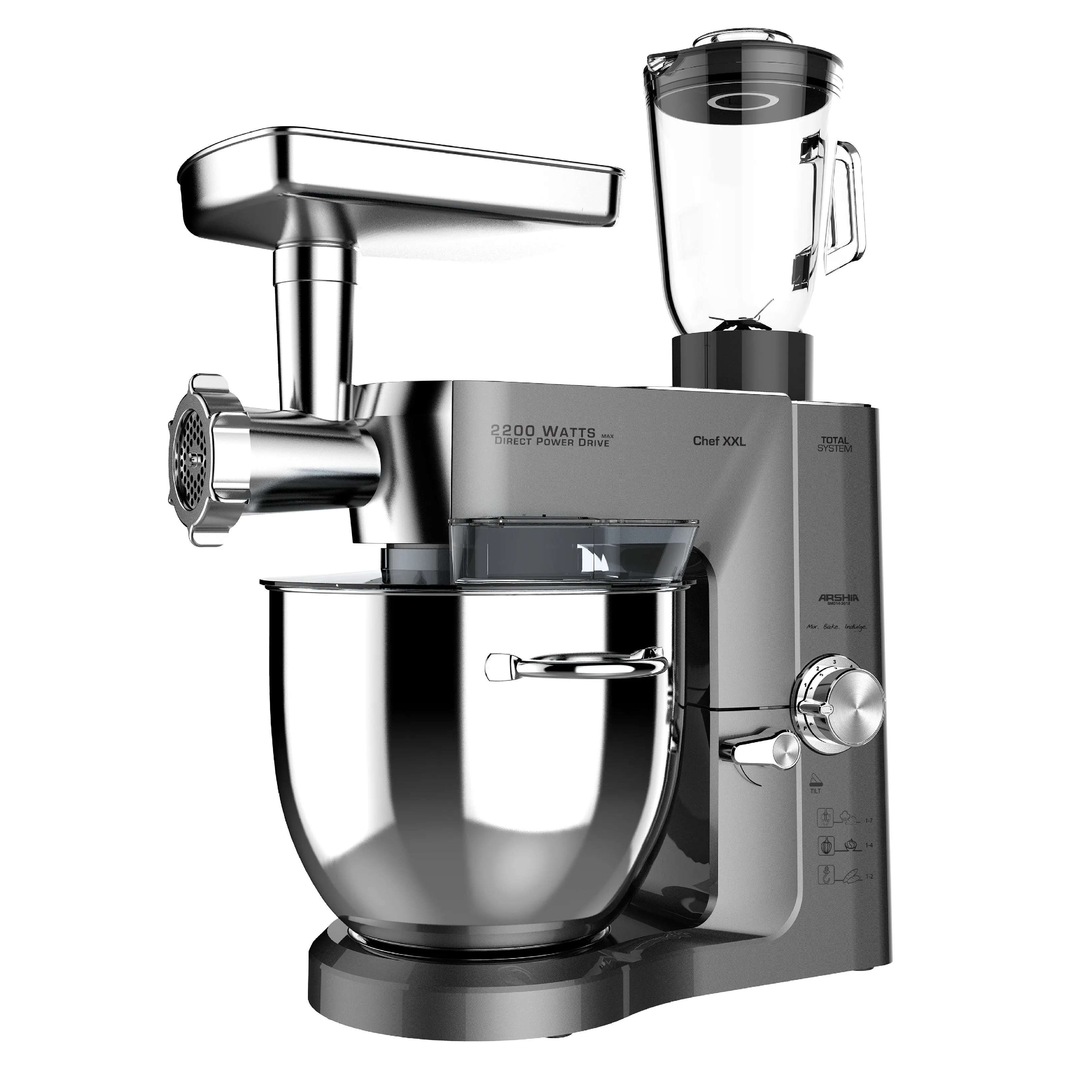 Arshia Stand Mixer Set (3 In 1) 10 Ltr Silver&Steel Robust Motor 2200 Watt 8 Speeds (Meat