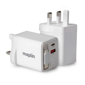 Maplin 65W 2-Port Gan Fast Usb Wall Charger With Usb-C Pd, Usb-A Qc 3.0 & Retractable Usb-C Cable Instant Savings Inside Shop Grab Offer
