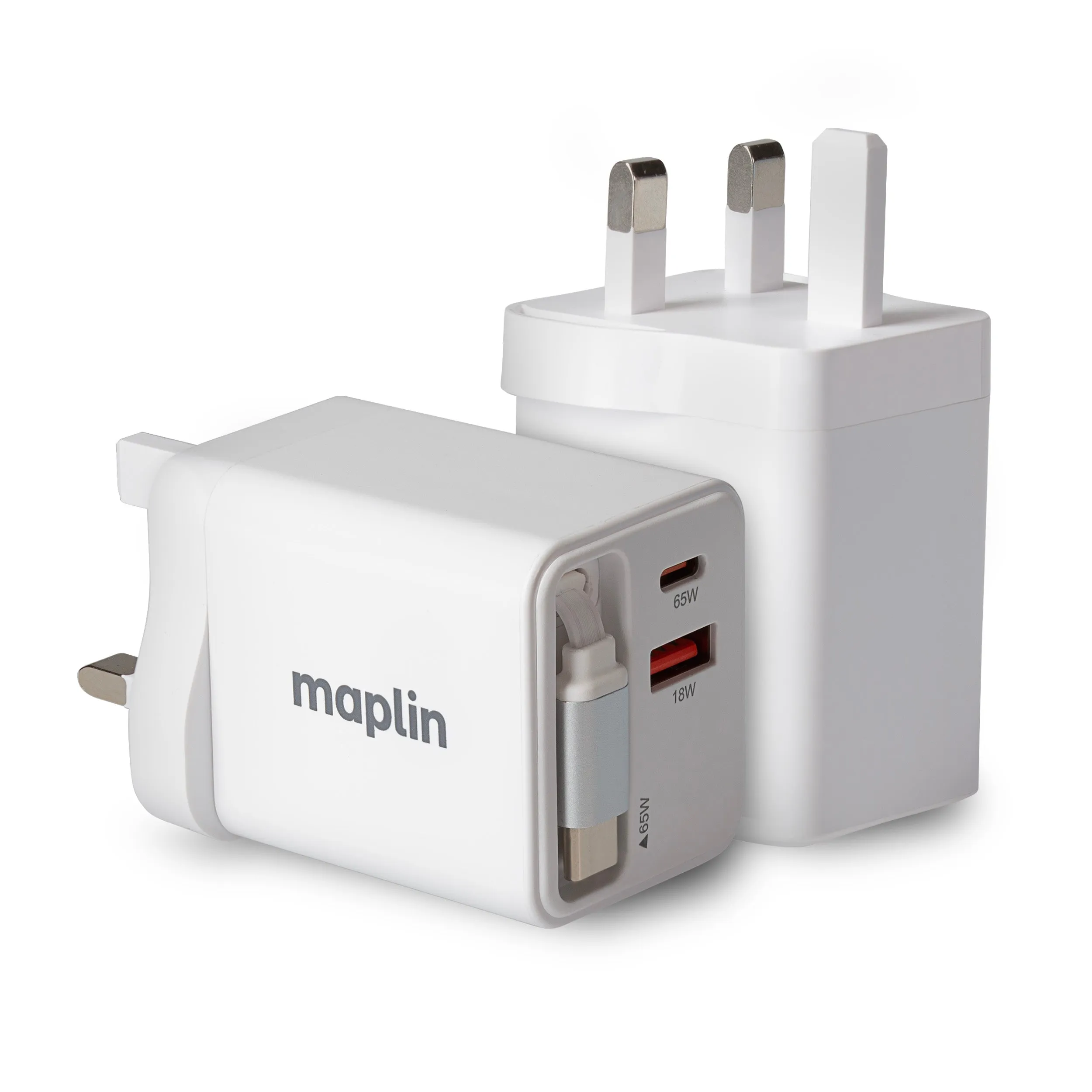 Maplin 65W 2-Port Gan Fast Usb Wall Charger With Usb-C Pd, Usb-A Qc 3.0 & Retractable Usb-C Cable Instant Savings Inside Shop Grab Offer