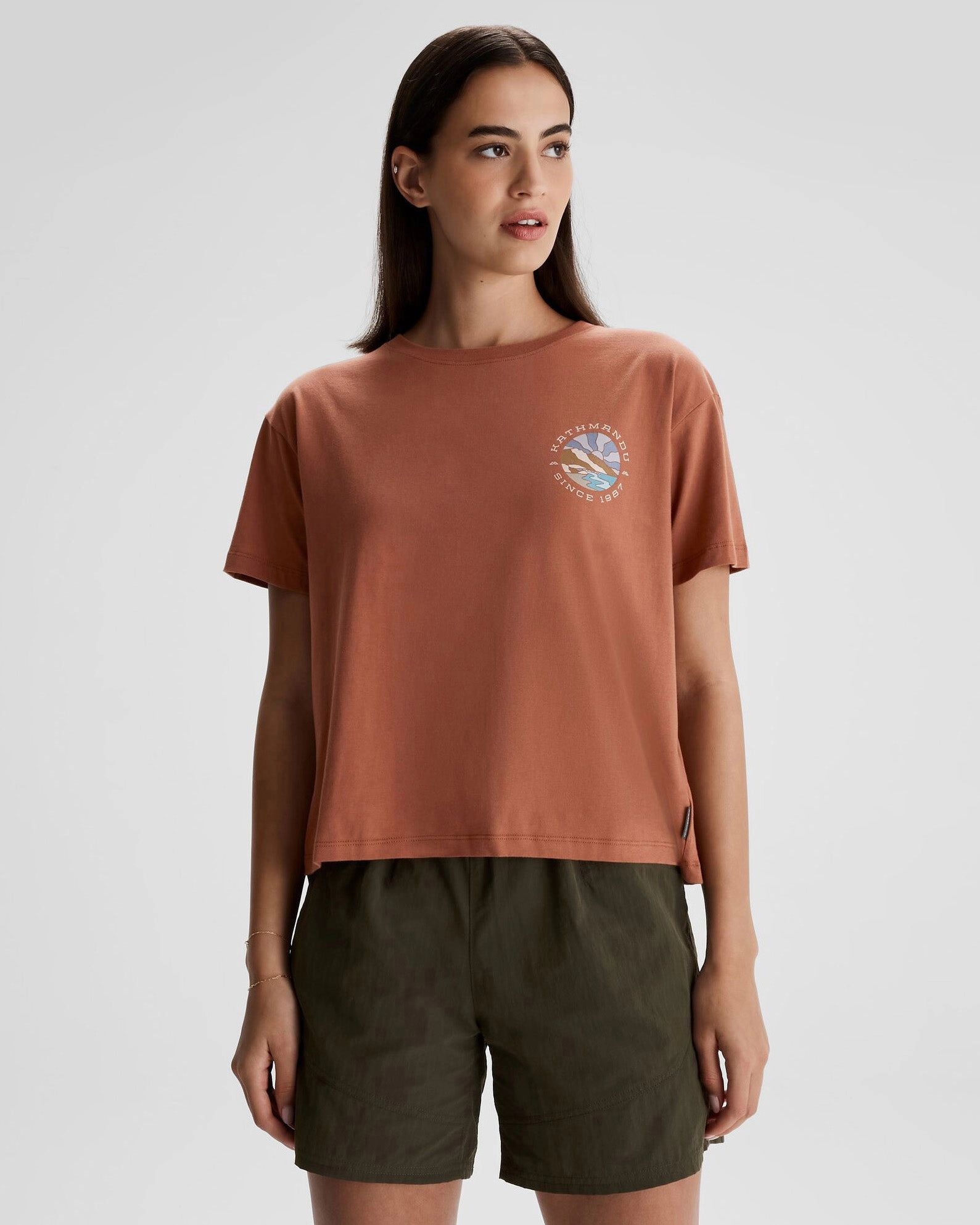 Todays Trending Deals Exclusive Savings Event Women'S Kathmandu Logo Sunburst Organic Cotton T-Shirt - Woodsy