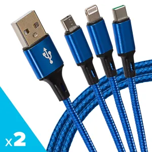 Special Online Offer Clearance Savings Now Maplin Usb-A To 3-In-1 Multi-Charging Usb-C / Lightning / Micro Usb Braided Cable - 1.2M, Blue (Pack Of 2)