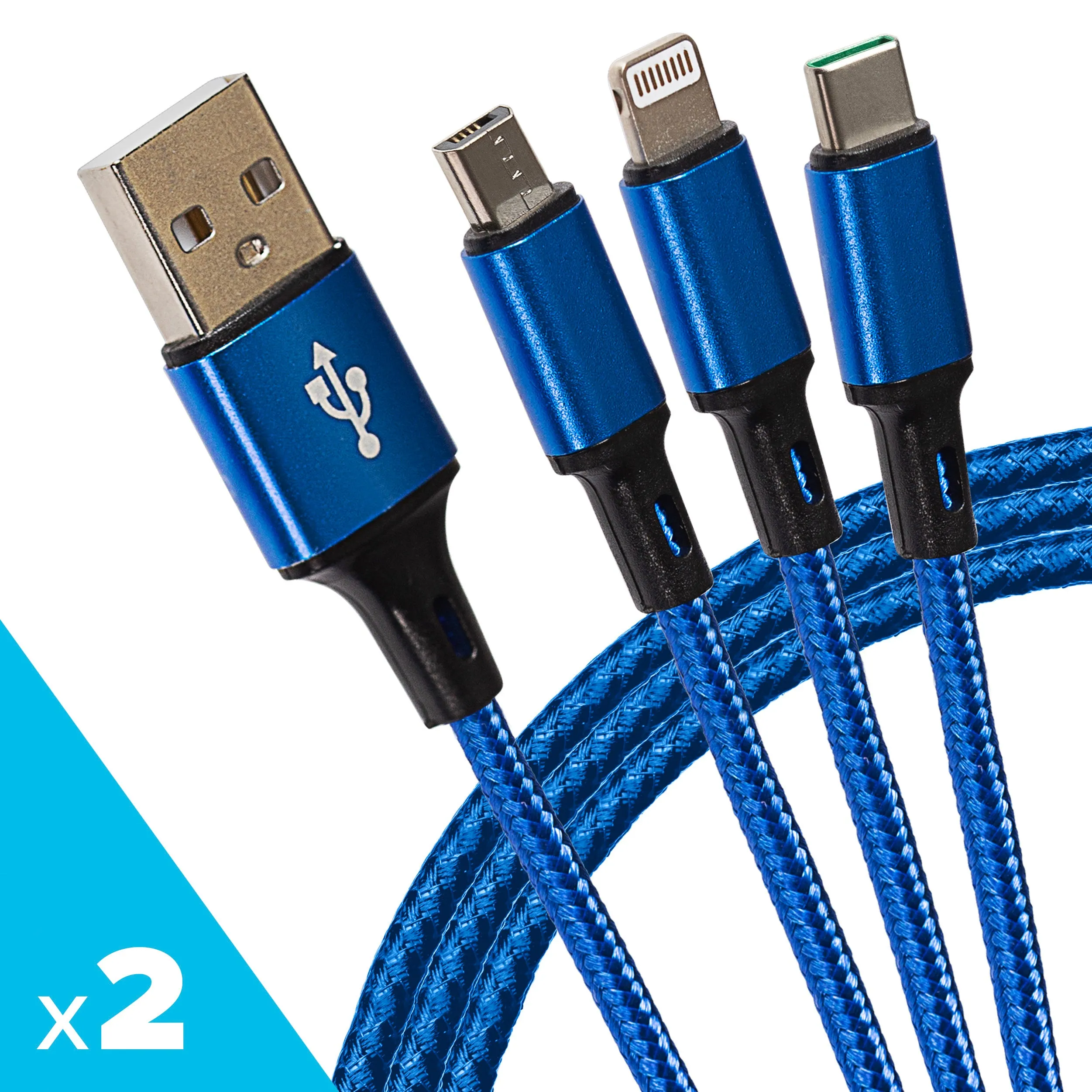 Special Online Offer Clearance Savings Now Maplin Usb-A To 3-In-1 Multi-Charging Usb-C / Lightning / Micro Usb Braided Cable - 1.2M, Blue (Pack Of 2)
