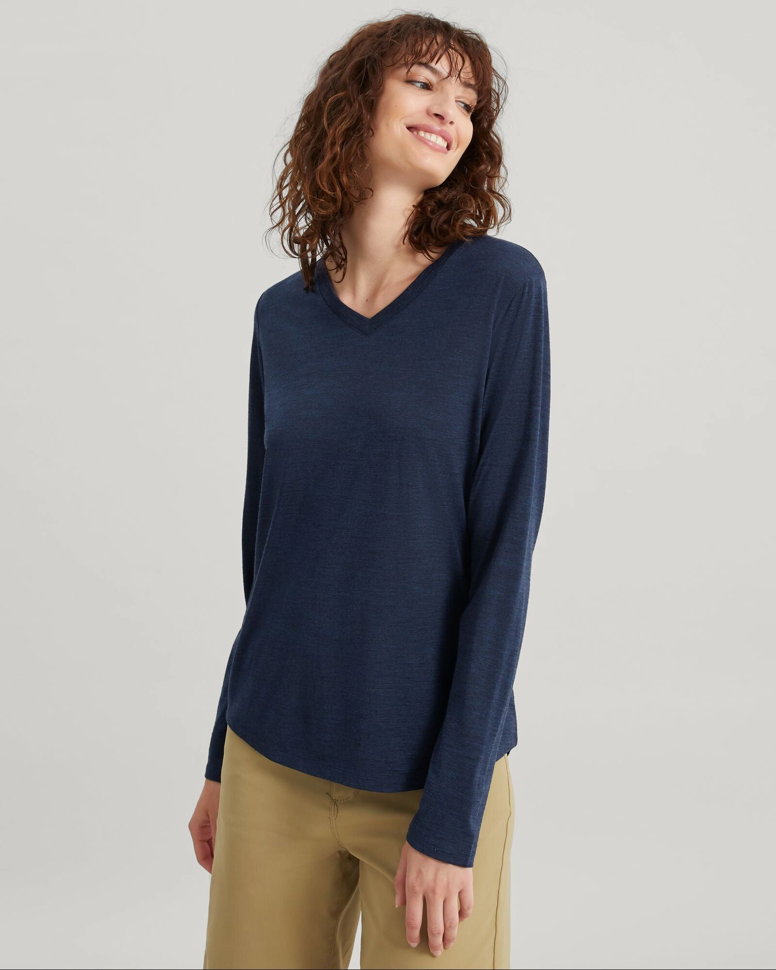 Women'S 100% Merino Long Sleeve V-Top - Midnight Navy Marle Daily Clearance Deal