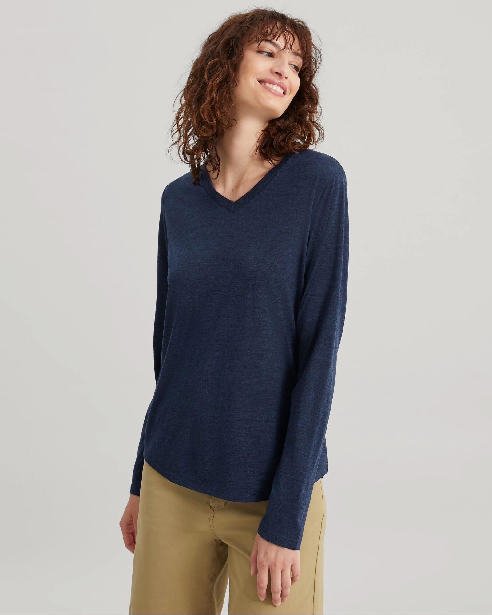 Hot Sale Today Daily Special Offer Women'S 100% Merino Long Sleeve V-Top - Midnight Navy Marle