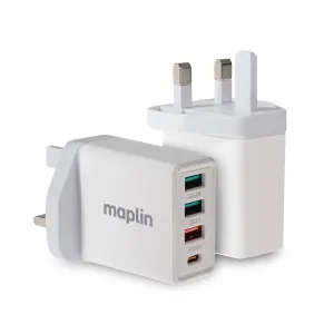Maplin 4 Port Usb Wall Charger 3X Usb-A 2 1X Usb-C Pd Qc 3.0 20W High Speed Charging Hot Pick Online Trending Offer Today