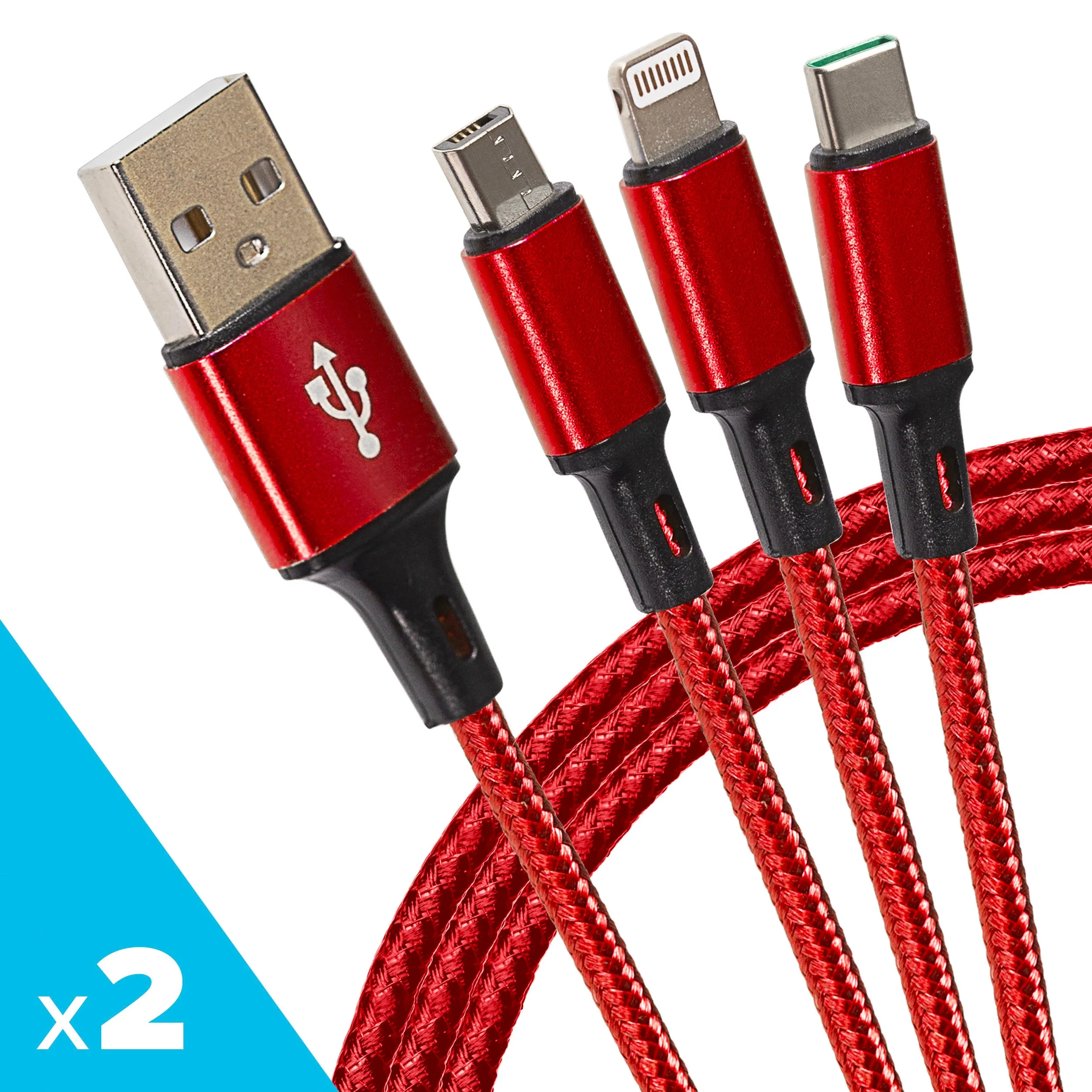 Maplin Usb-A To 3-In-1 Multi-Charging Usb-C / Lightning / Micro Usb Braided Cable - 1.2M, Red (Pack Of 2) Price Drop Alert Clearance Event