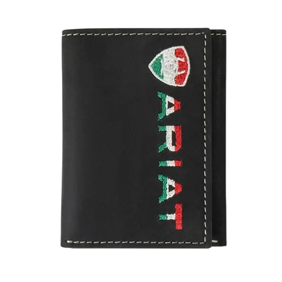 Ariat Mexican Flag Trifold Black Leather Wallet MustShop Sale