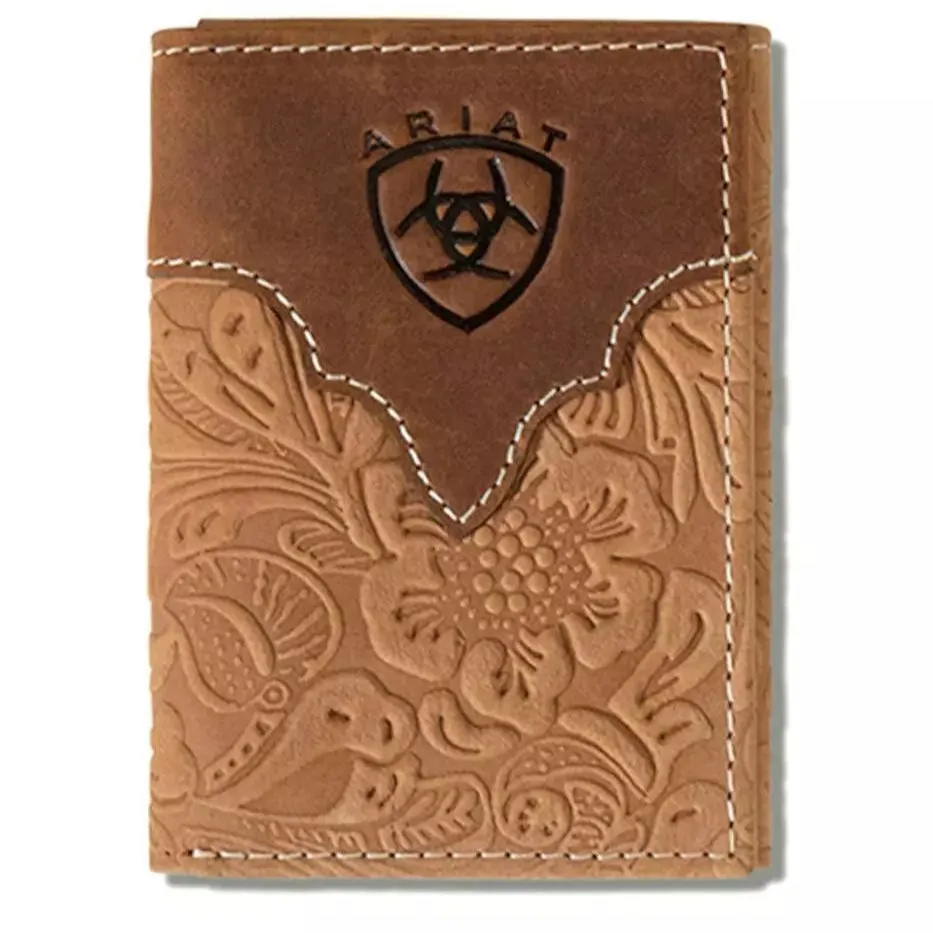 Hot Item Clearance Ariat Men'S Floral Embossed Brown Leather Trifold Wallet