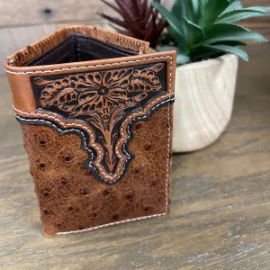 Shop Smart Save Ariat Men'S Imitation Ostrich & Floral Tooled Leather Trifold Wallet