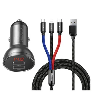 Baseus Digital Display Dual Usb 4.8A Car Charger 24W With 3 In 1 Data Cable 1.2M Exclusive Online Offer