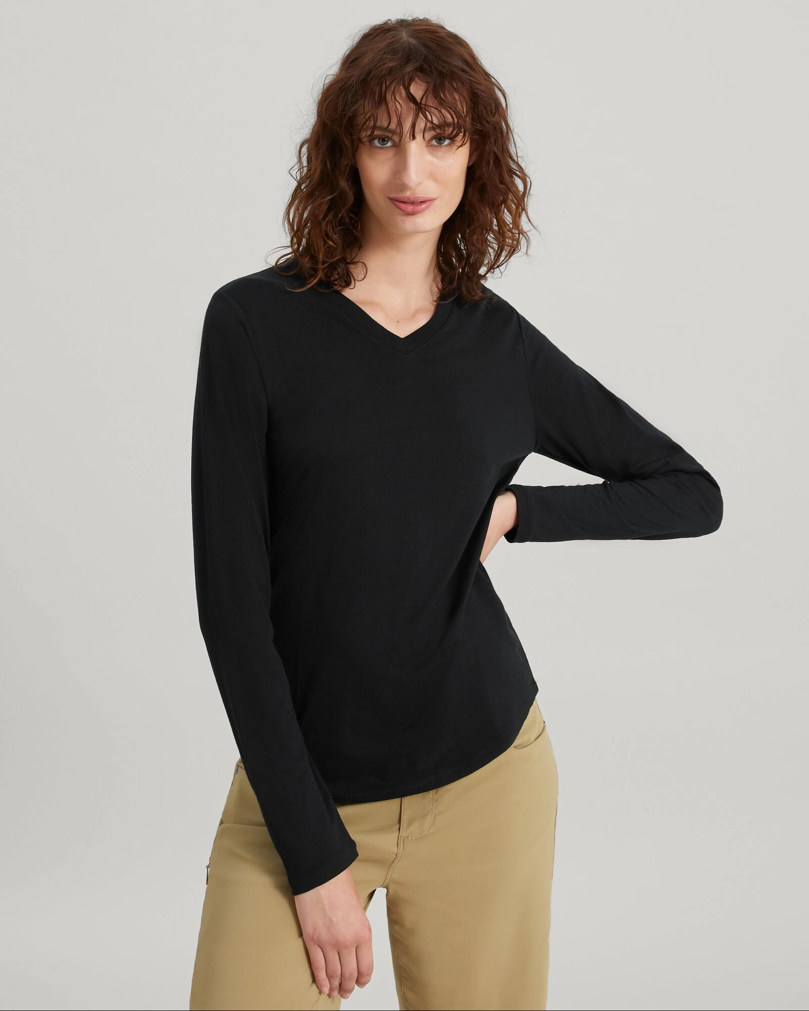 Women'S 100% Merino Long Sleeve V-Top - Black Todays Best Deal Todays Hot Savings